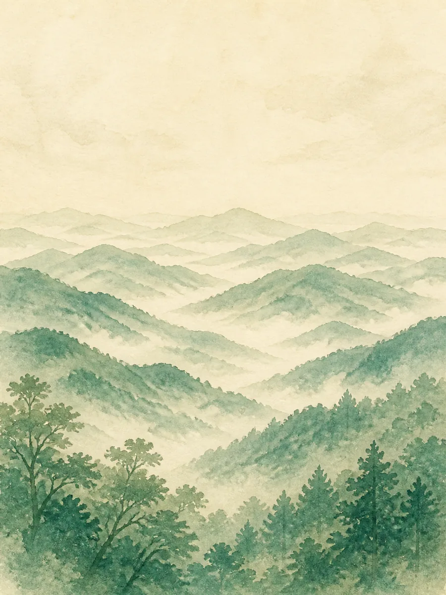 霧のかかった山なみを遠くから眺める風景