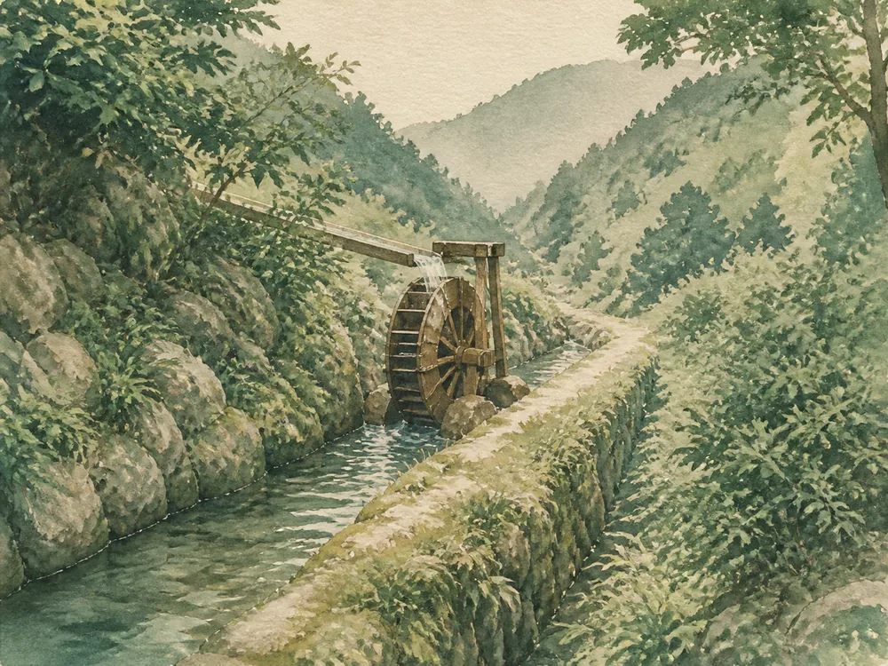 山あいを流れる水路と水車