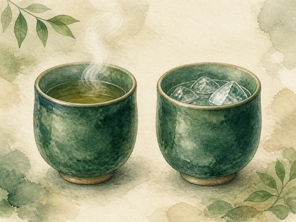 同じ湯呑みがふたつ。一方からは湯気が立ち、一方は氷水が入っている