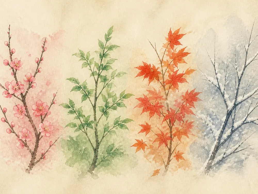 梅・青葉・紅葉・雪の枝を並べた四季の静物