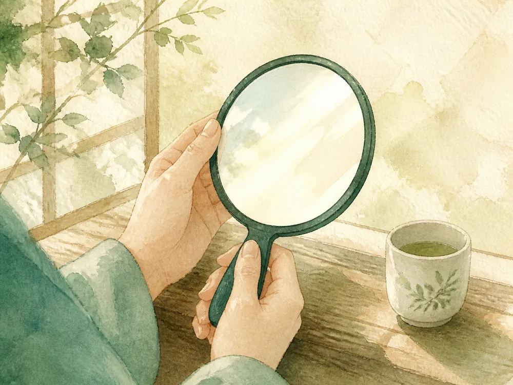 手鏡を手にした手元。舌を観察する場面