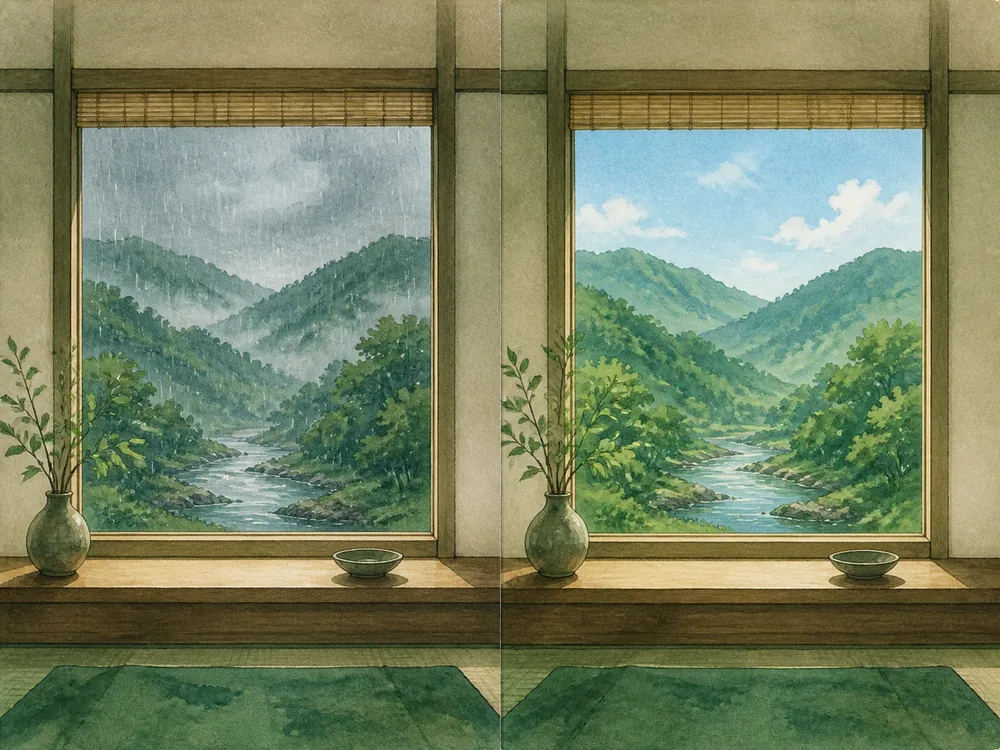 同じ窓から見た、雨の日の空と晴れの日の空